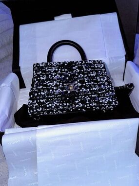 CHANEL Black & White Tweed Top Handle Bag with Silver Hardware